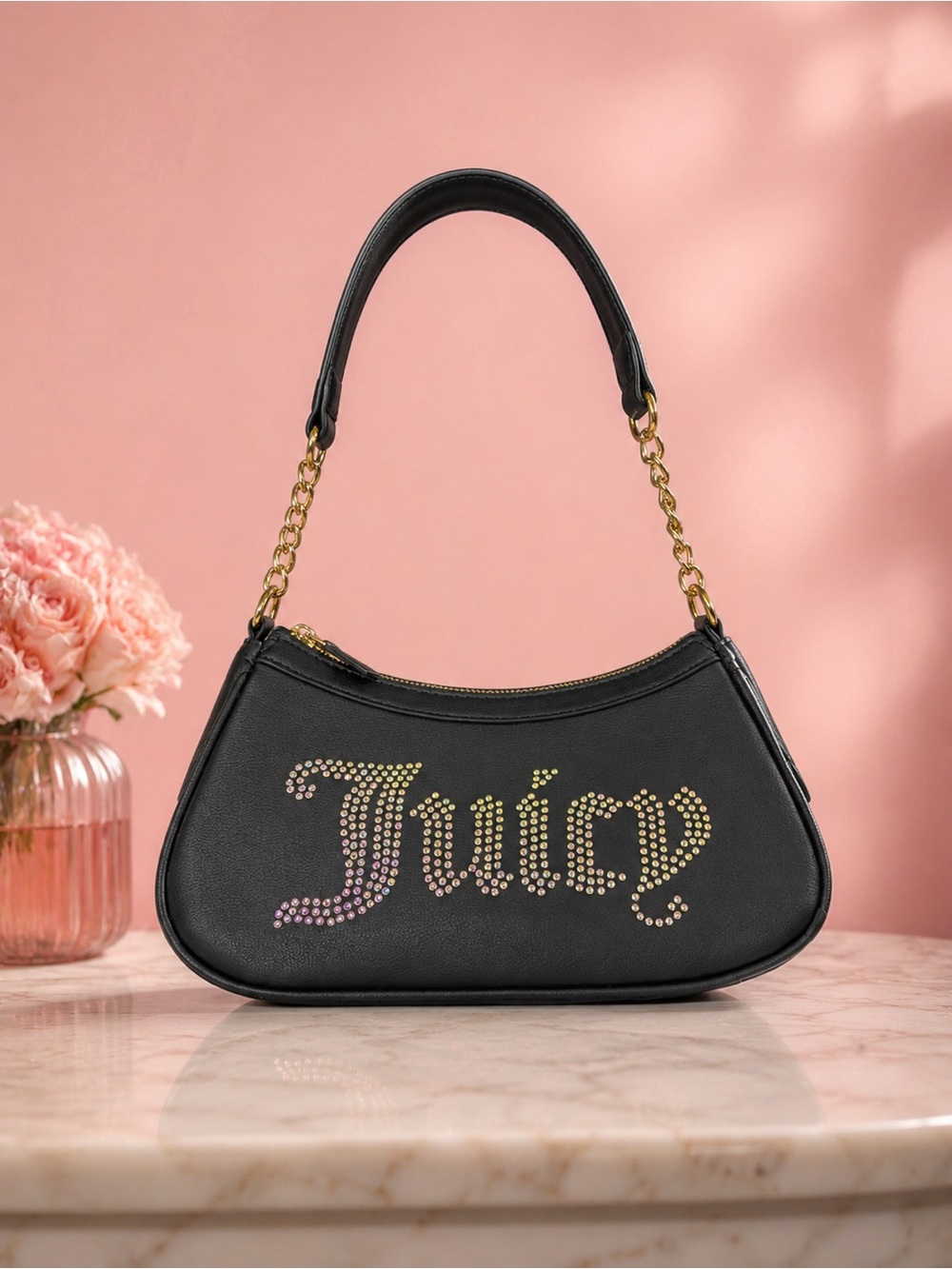 Juicy Couture Black Mini Shoulder Bag with Gold Chain and Crystal 'Juicy' Logo